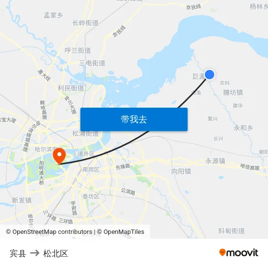 宾县 to 松北区 map