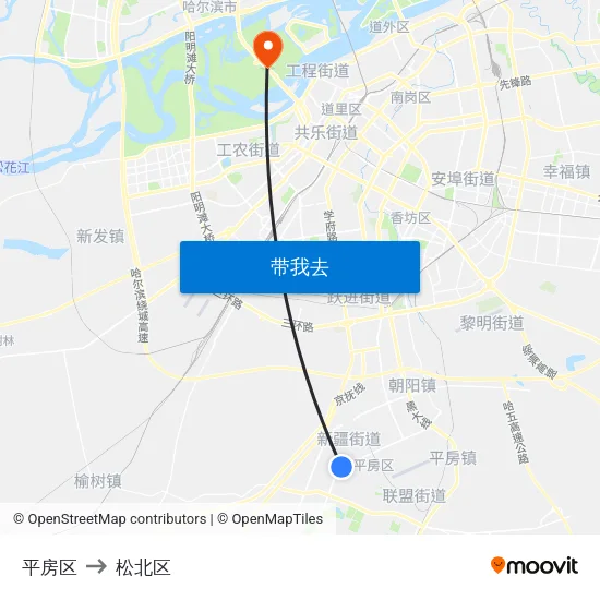平房区 to 松北区 map