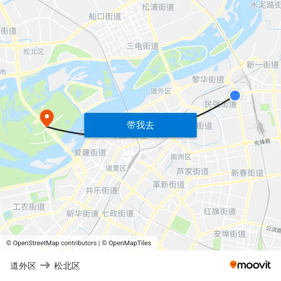 道外区 to 松北区 map
