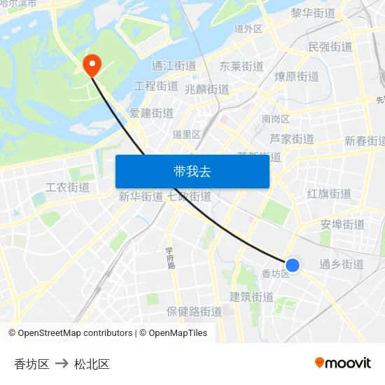 香坊区 to 松北区 map