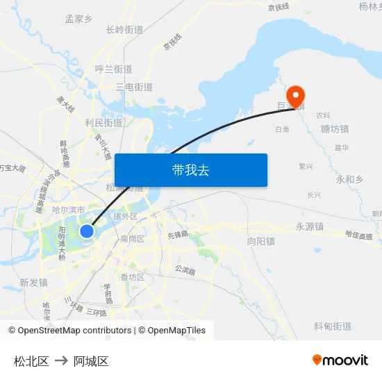 松北区 to 阿城区 map
