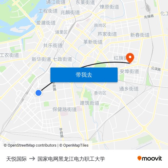 天悦国际 to 国家电网黑龙江电力职工大学 map