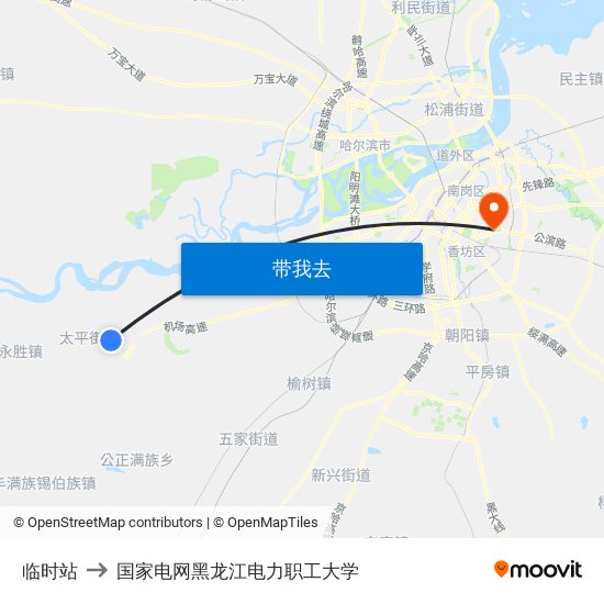 临时站 to 国家电网黑龙江电力职工大学 map