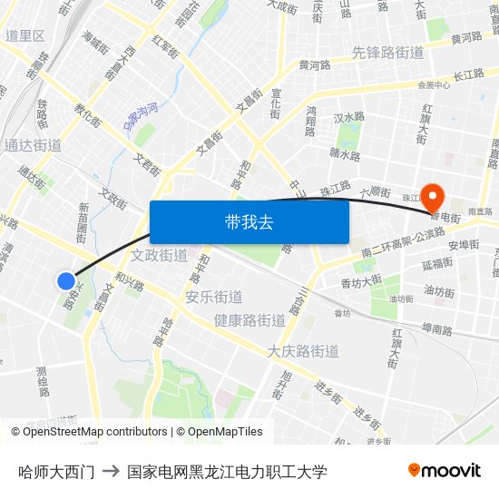 哈师大西门 to 国家电网黑龙江电力职工大学 map