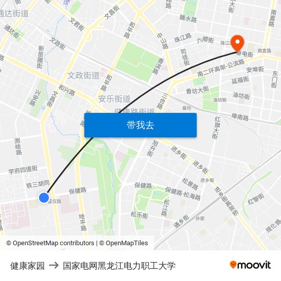 健康家园 to 国家电网黑龙江电力职工大学 map