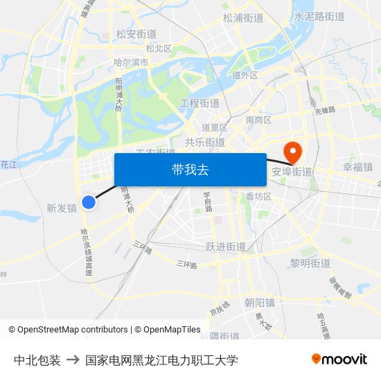 中北包装 to 国家电网黑龙江电力职工大学 map