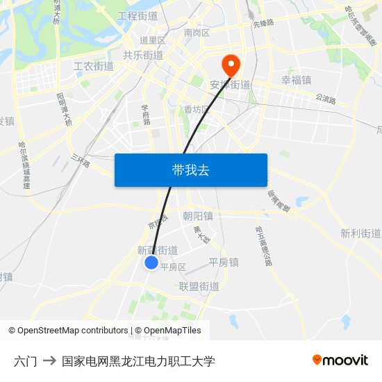 六门 to 国家电网黑龙江电力职工大学 map