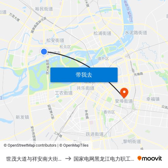 世茂大道与祥安南大街交口 to 国家电网黑龙江电力职工大学 map