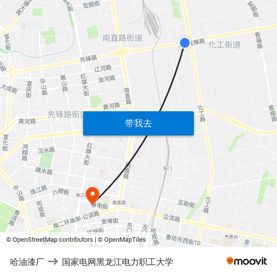 哈油漆厂 to 国家电网黑龙江电力职工大学 map