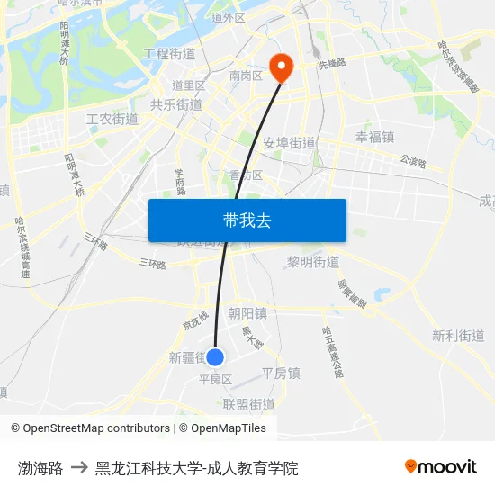 渤海路 to 黑龙江科技大学-成人教育学院 map