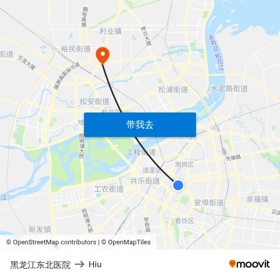 黑龙江东北医院 to Hiu map