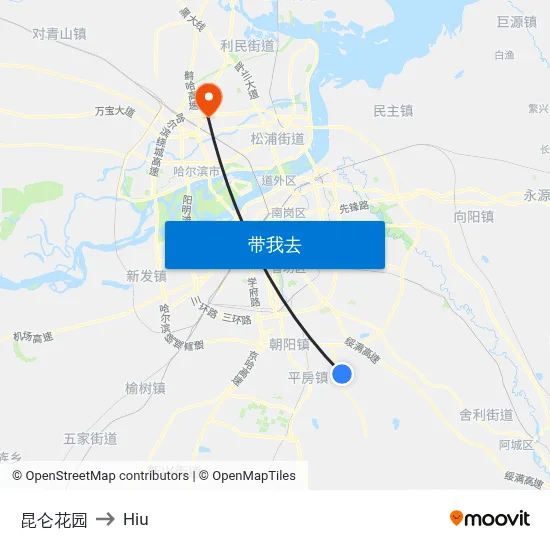 昆仑花园 to Hiu map