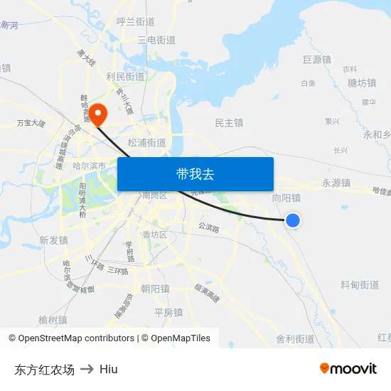 东方红农场 to Hiu map