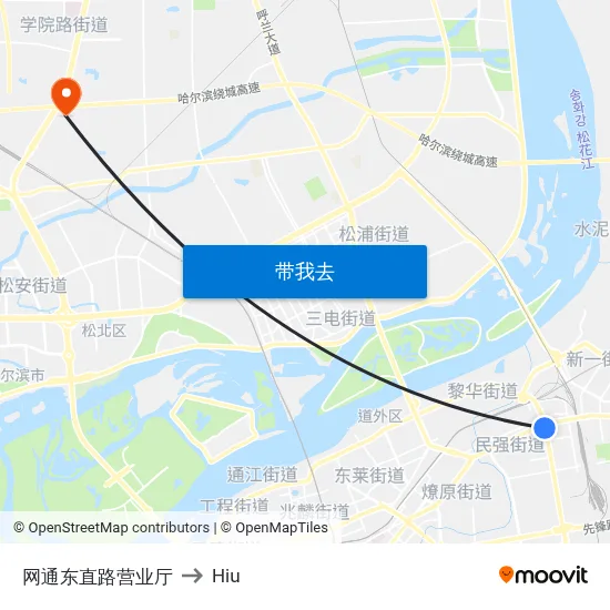 网通东直路营业厅 to Hiu map