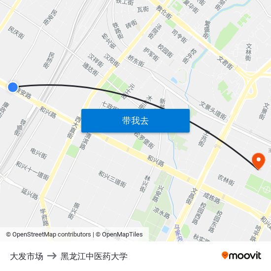大发市场 to 黑龙江中医药大学 map