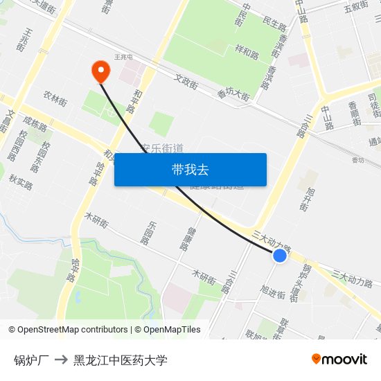 锅炉厂 to 黑龙江中医药大学 map