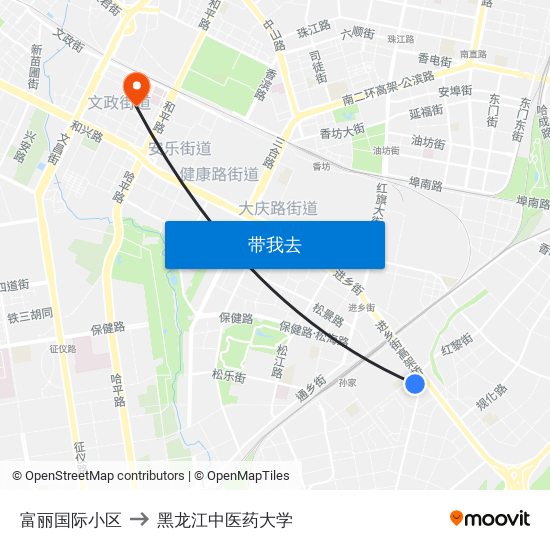 富丽国际小区 to 黑龙江中医药大学 map