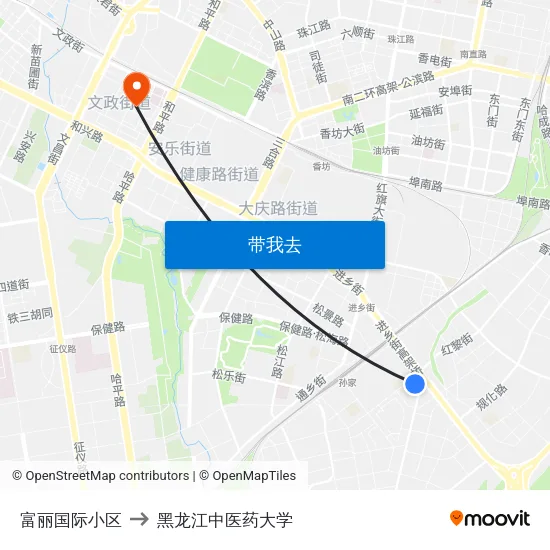 富丽国际小区 to 黑龙江中医药大学 map