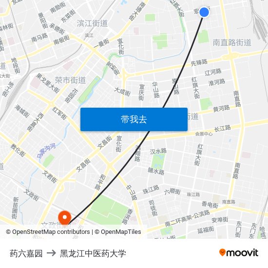 药六嘉园 to 黑龙江中医药大学 map
