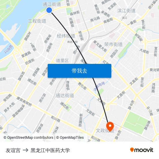 友谊宫 to 黑龙江中医药大学 map
