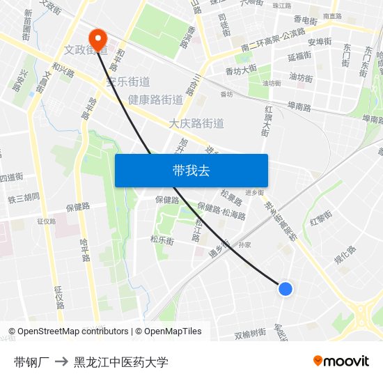 带钢厂 to 黑龙江中医药大学 map
