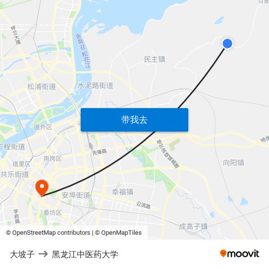 大坡子 to 黑龙江中医药大学 map