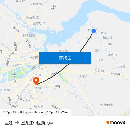 巨源 to 黑龙江中医药大学 map