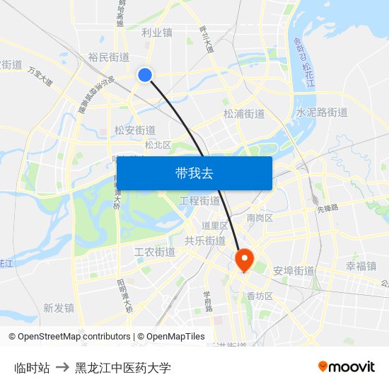 临时站 to 黑龙江中医药大学 map
