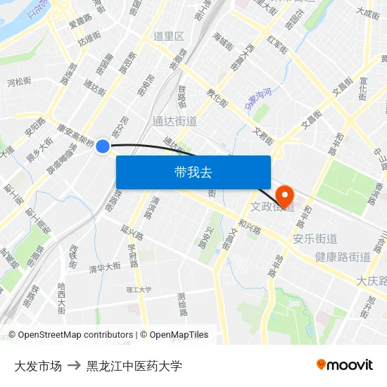 大发市场 to 黑龙江中医药大学 map
