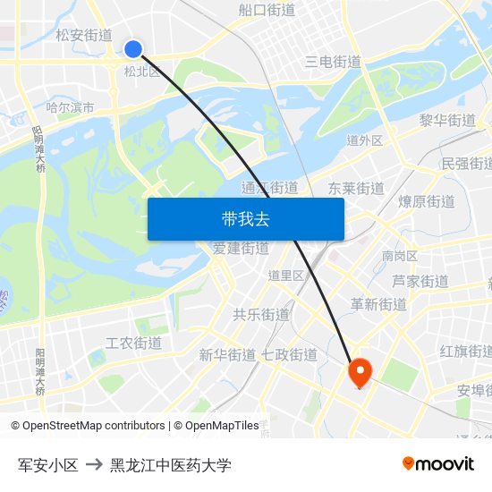 军安小区 to 黑龙江中医药大学 map