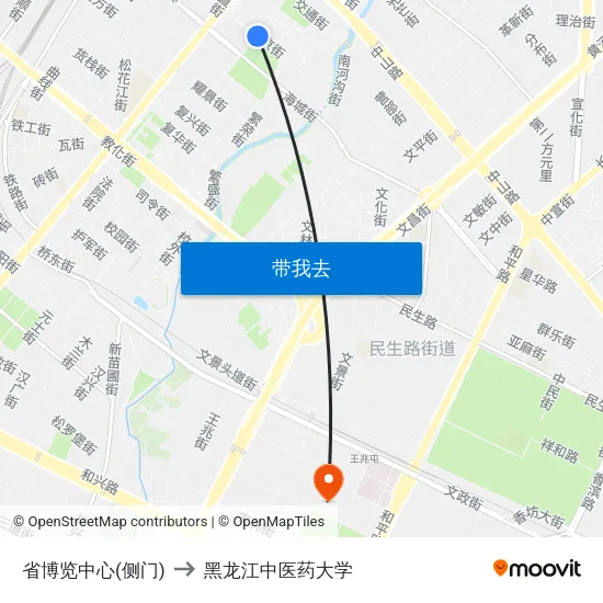 省博览中心(侧门) to 黑龙江中医药大学 map