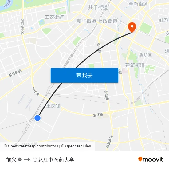 前兴隆 to 黑龙江中医药大学 map