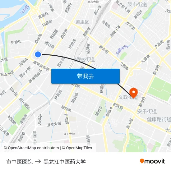 市中医医院 to 黑龙江中医药大学 map