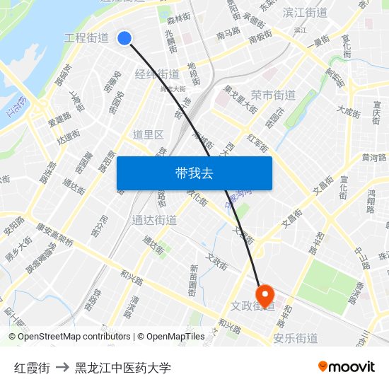 红霞街 to 黑龙江中医药大学 map