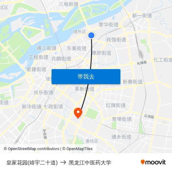 皇家花园(靖宇二十道) to 黑龙江中医药大学 map