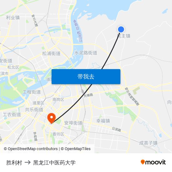 胜利村 to 黑龙江中医药大学 map