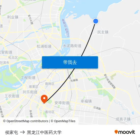 侯家屯 to 黑龙江中医药大学 map