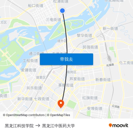 黑龙江科技学院 to 黑龙江中医药大学 map