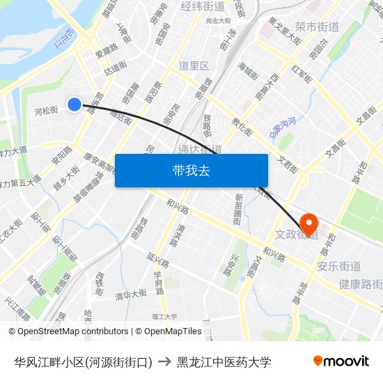 华风江畔小区(河源街街口) to 黑龙江中医药大学 map