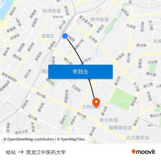 哈站 to 黑龙江中医药大学 map