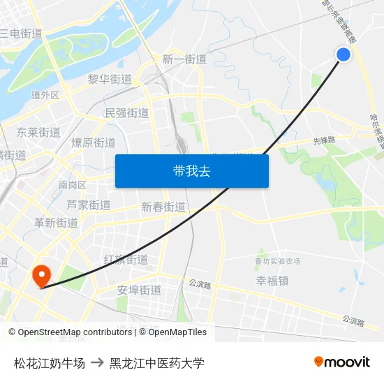 松花江奶牛场 to 黑龙江中医药大学 map