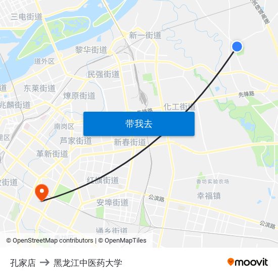 孔家店 to 黑龙江中医药大学 map