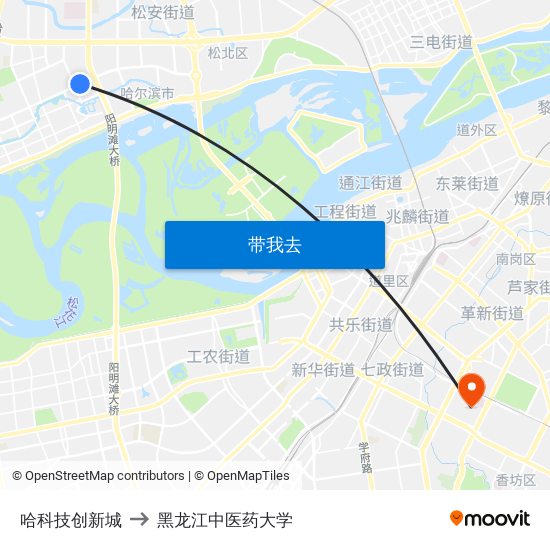 哈科技创新城 to 黑龙江中医药大学 map