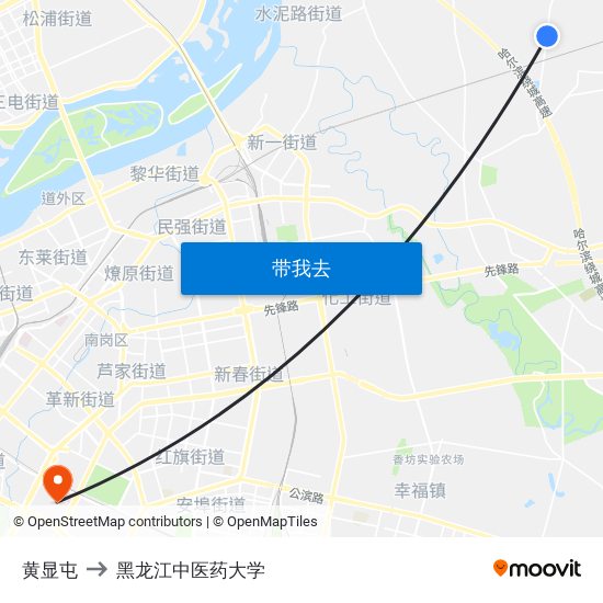 黄显屯 to 黑龙江中医药大学 map