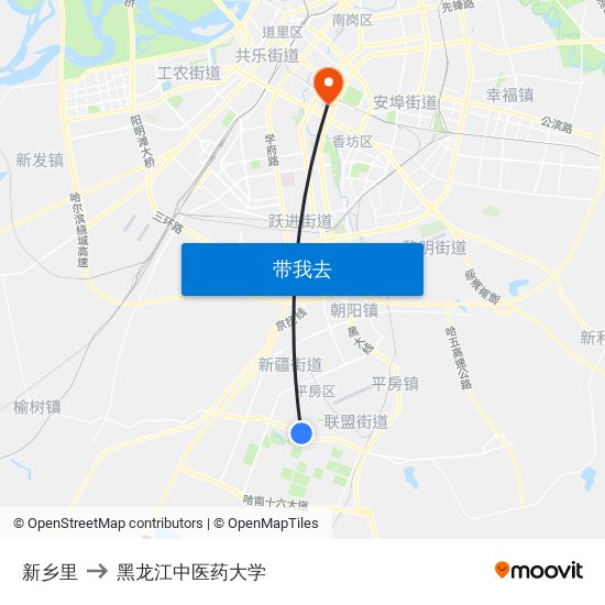 新乡里 to 黑龙江中医药大学 map