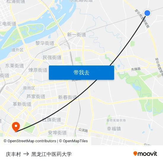 庆丰村 to 黑龙江中医药大学 map