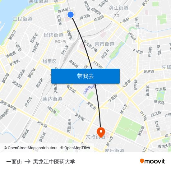一面街 to 黑龙江中医药大学 map