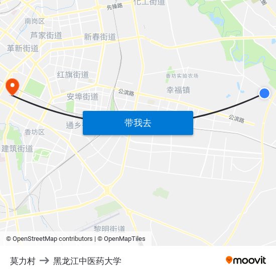 莫力村 to 黑龙江中医药大学 map