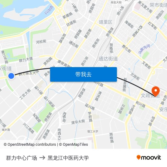 群力中心广场 to 黑龙江中医药大学 map