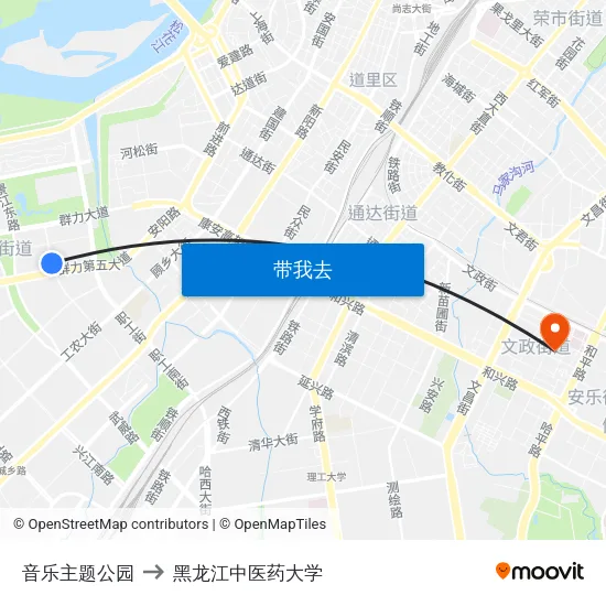 音乐主题公园 to 黑龙江中医药大学 map
